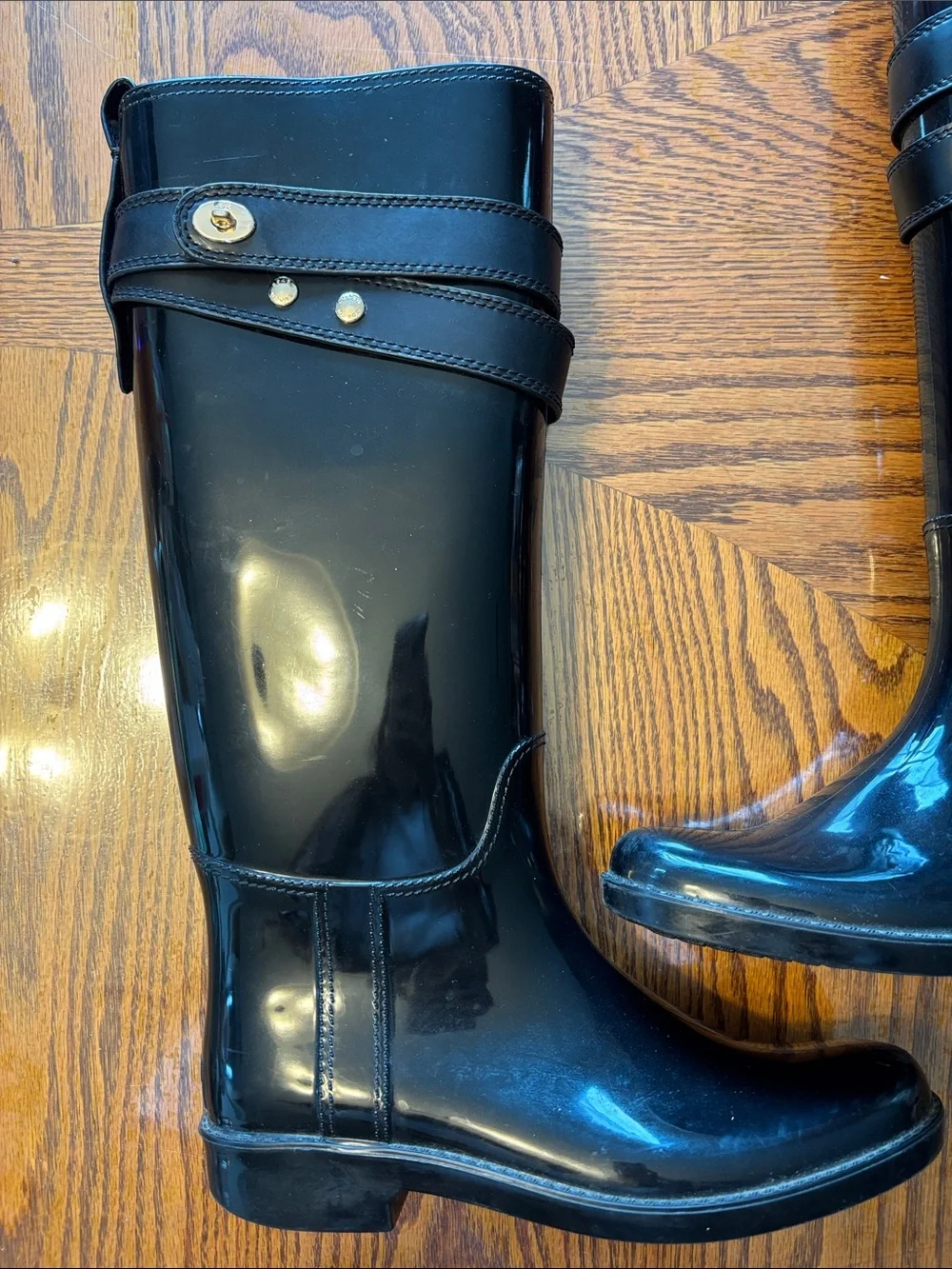 Coach Black Glossy Tall Boots with Strap Detail